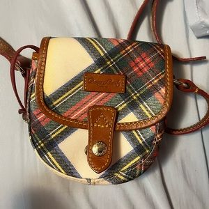 Dooney & Bourke Crossbody bag, mostly white with a tartan/plaid pattern